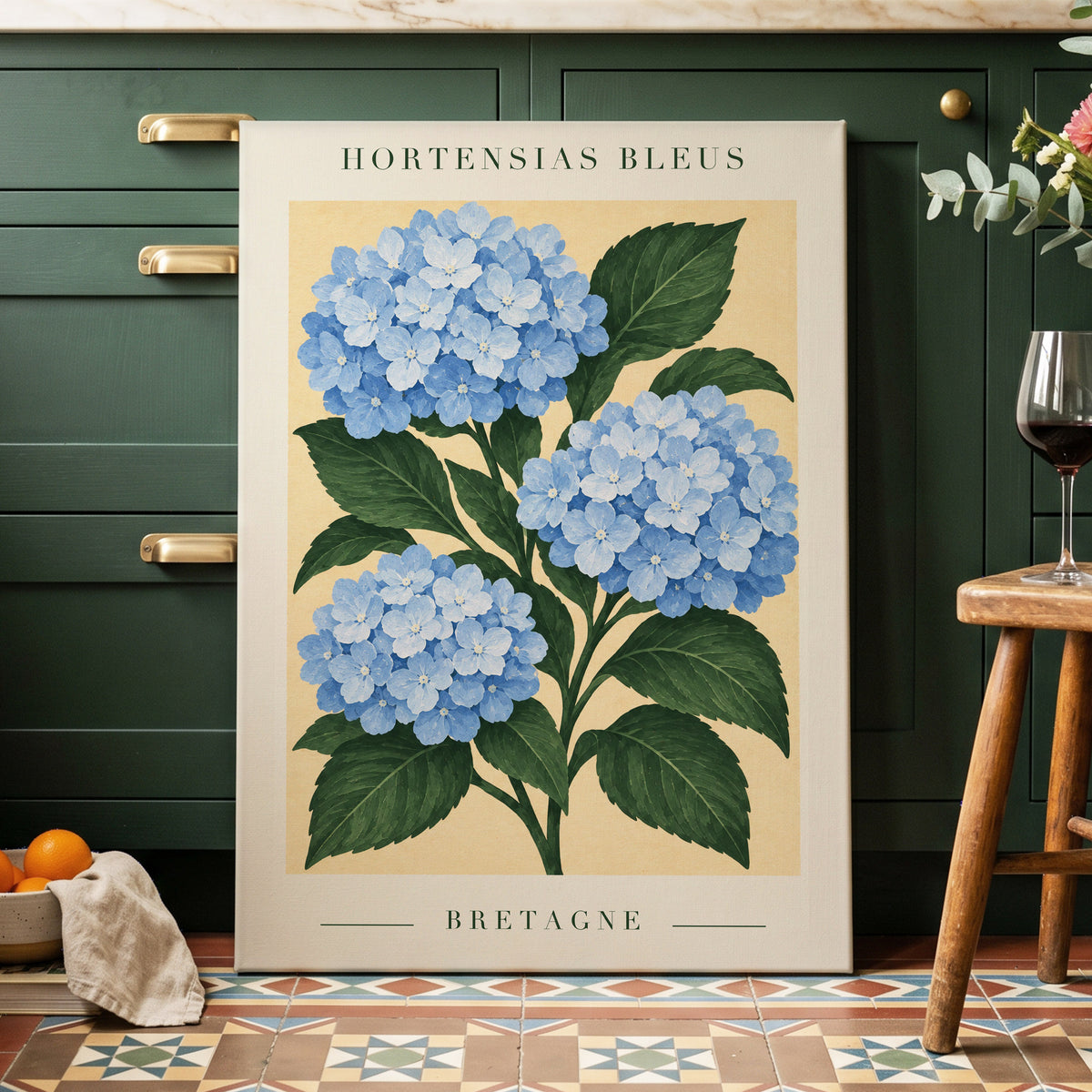Breton Blue Blooms, blue, green, beige floral wall art displayed in a styled interior, gallery view 7