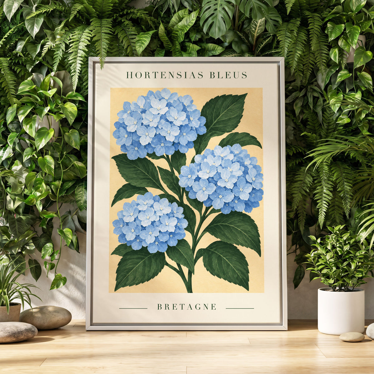 Breton Blue Blooms, blue, green, beige floral wall art displayed in a styled interior, gallery view 8