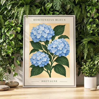Breton Blue Blooms, blue, green, beige floral wall art displayed in a styled interior, gallery view 8