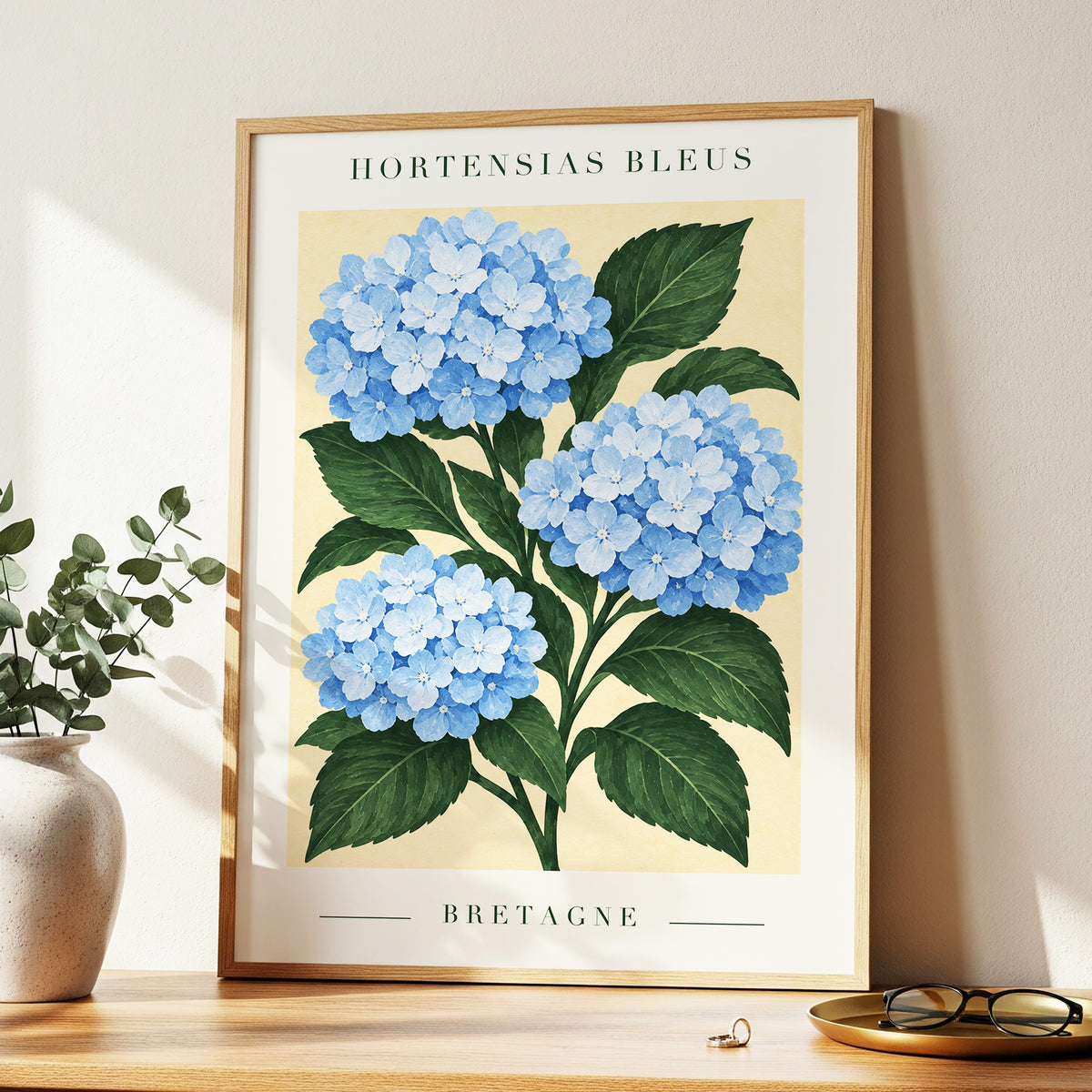 Breton Blue Blooms, blue, green, beige floral wall art displayed in a styled interior, gallery view 9