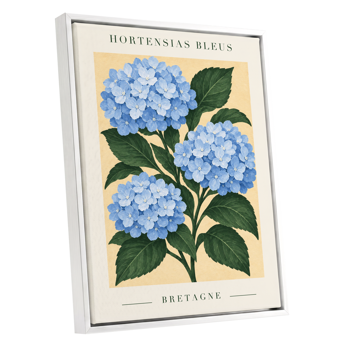 Breton Blue Blooms, blue, green, beige floral wall art shown as a white framed canvas wall art