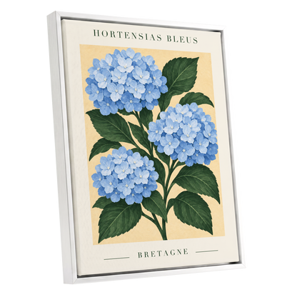 Breton Blue Blooms, blue, green, beige floral wall art shown as a white framed canvas wall art