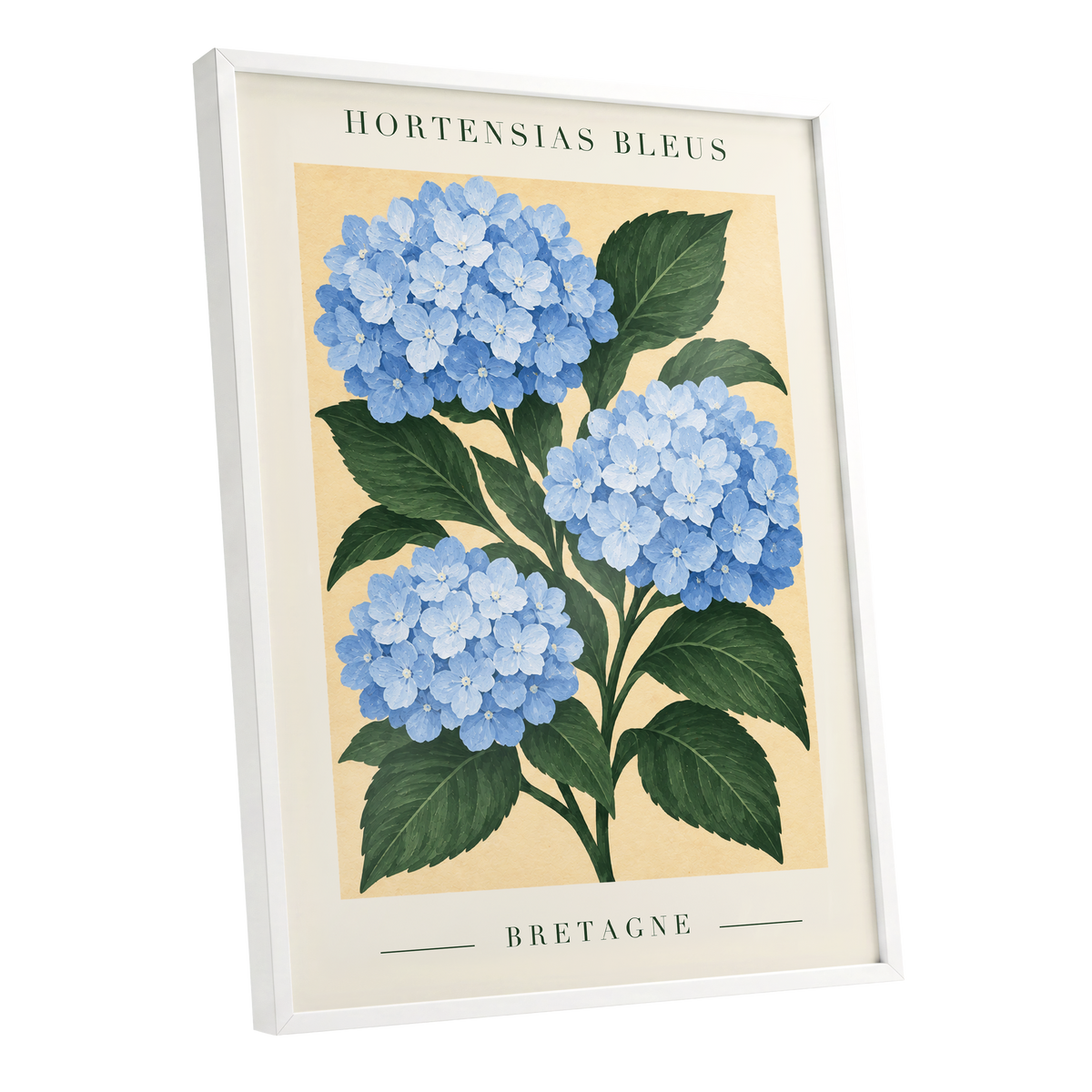 Breton Blue Blooms, blue, green, beige floral wall art shown as a white framed poster wall art print