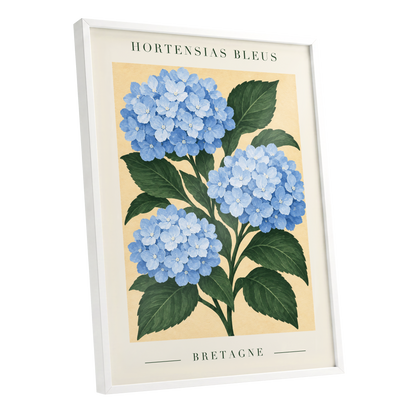 Breton Blue Blooms, blue, green, beige floral wall art shown as a white framed poster wall art print