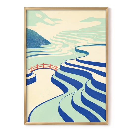 Bridge Across the Terraces, blue, green, beige nature wall art, front artwork view