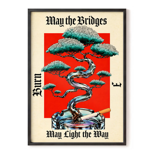 Bridges in Bloom, red, beige, black nature wall art, front artwork view