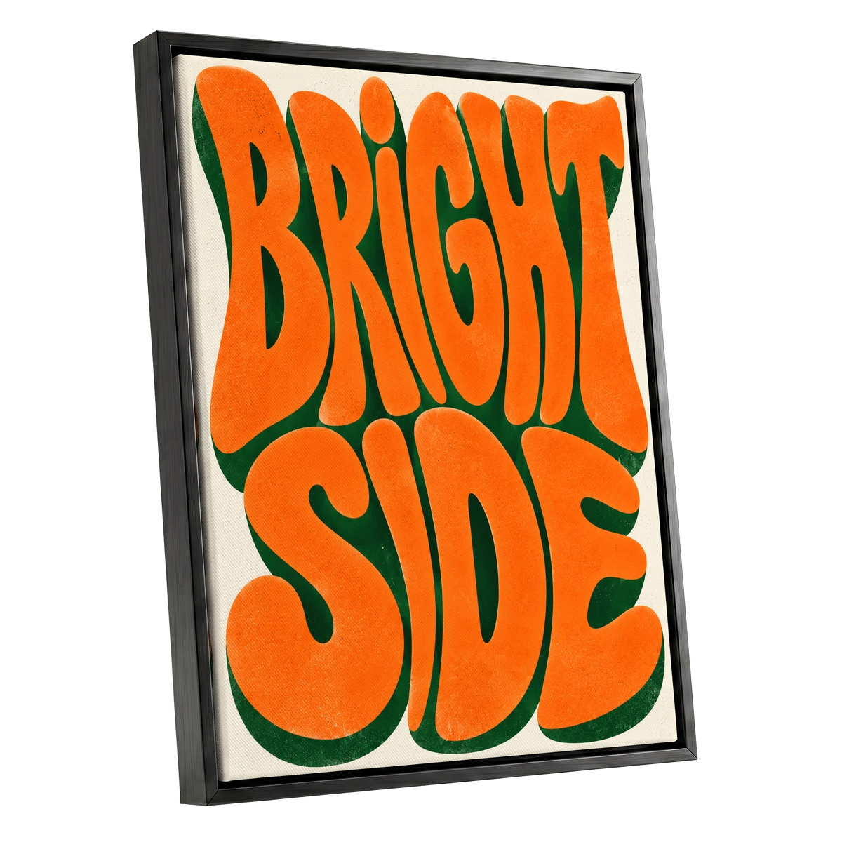 Bright Side Groove, orange, green, beige abstract wall art shown as a black framed canvas wall art