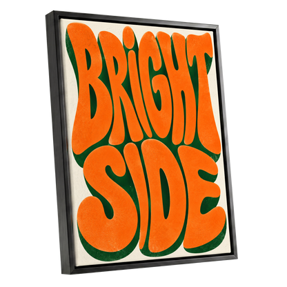 Bright Side Groove, orange, green, beige abstract wall art shown as a black framed canvas wall art