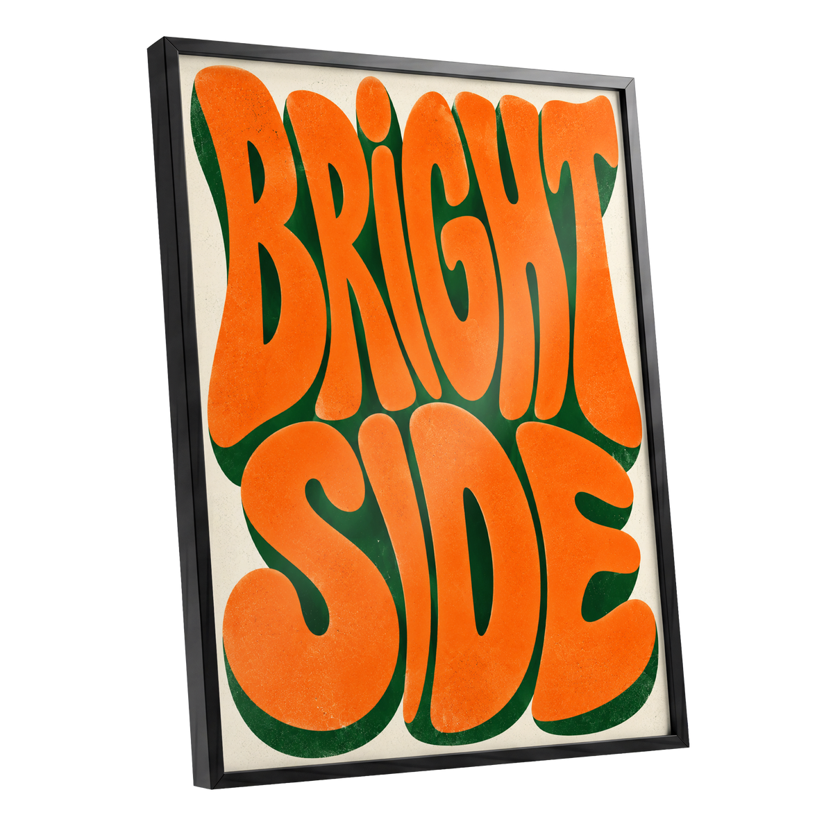 Bright Side Groove, orange, green, beige abstract wall art shown as a black framed poster wall art print