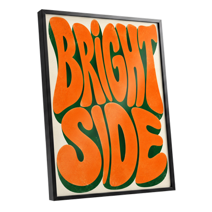Bright Side Groove, orange, green, beige abstract wall art shown as a black framed poster wall art print