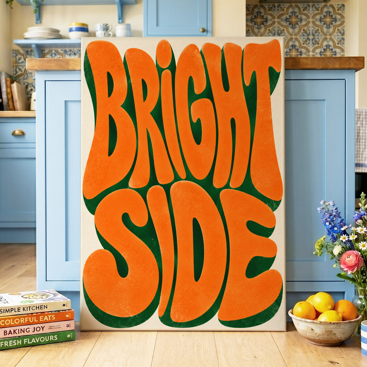 Bright Side Groove, orange, green, beige abstract wall art on canvas displayed in a styled interior, gallery view 2