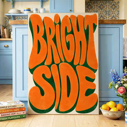 Bright Side Groove, orange, green, beige abstract wall art on canvas displayed in a styled interior, gallery view 2