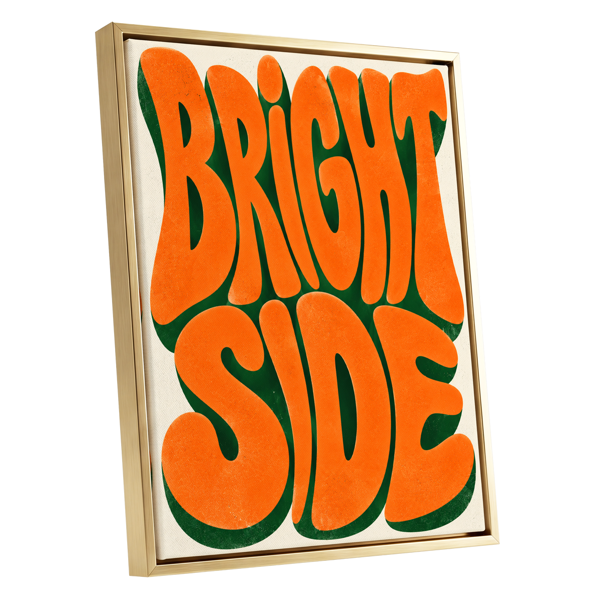 Bright Side Groove, orange, green, beige abstract wall art shown as a gold framed canvas wall art