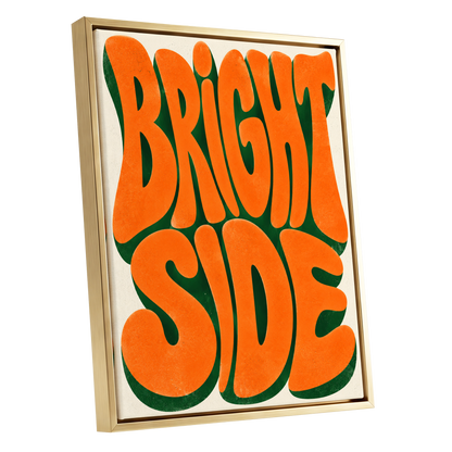 Bright Side Groove, orange, green, beige abstract wall art shown as a gold framed canvas wall art