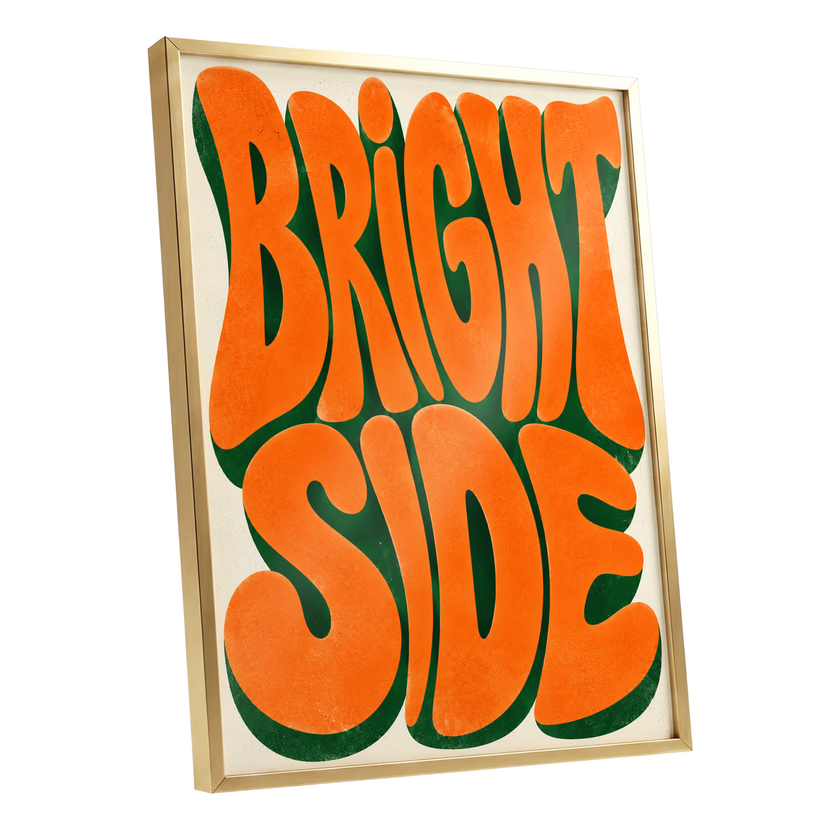 Bright Side Groove, orange, green, beige abstract wall art shown as a gold framed poster wall art print