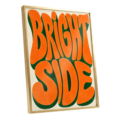 Bright Side Groove, orange, green, beige abstract wall art shown as a gold framed poster wall art print