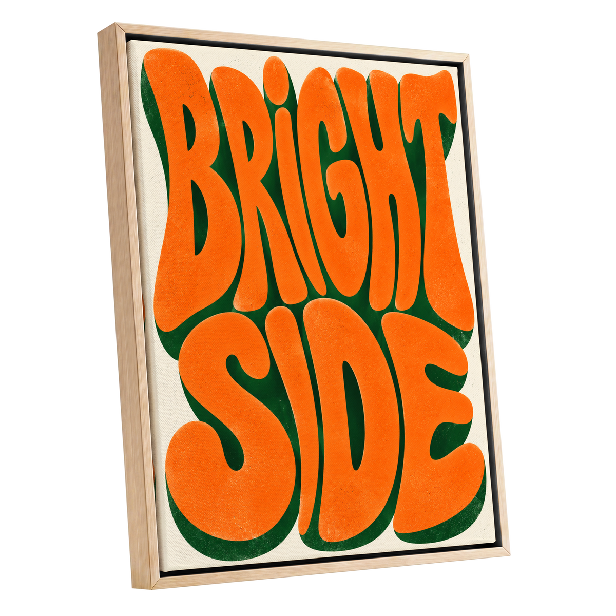 Bright Side Groove, orange, green, beige abstract wall art shown as a oak framed canvas wall art