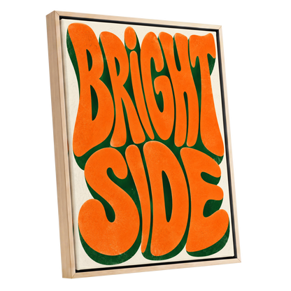 Bright Side Groove, orange, green, beige abstract wall art shown as a oak framed canvas wall art