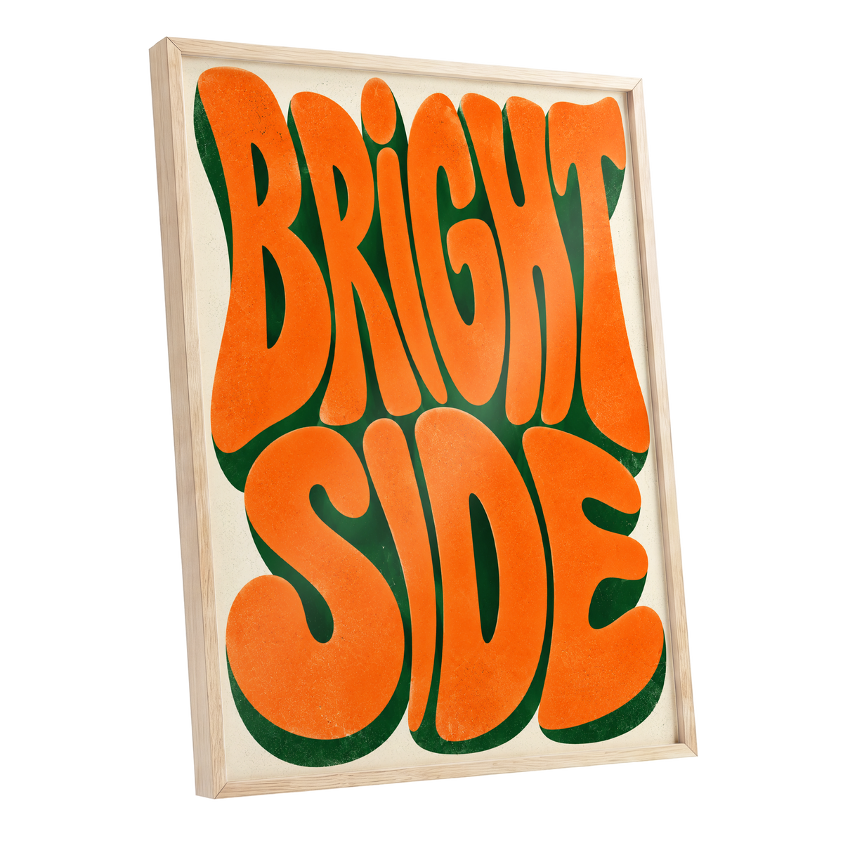 Bright Side Groove, orange, green, beige abstract wall art shown as a oak framed poster wall art print