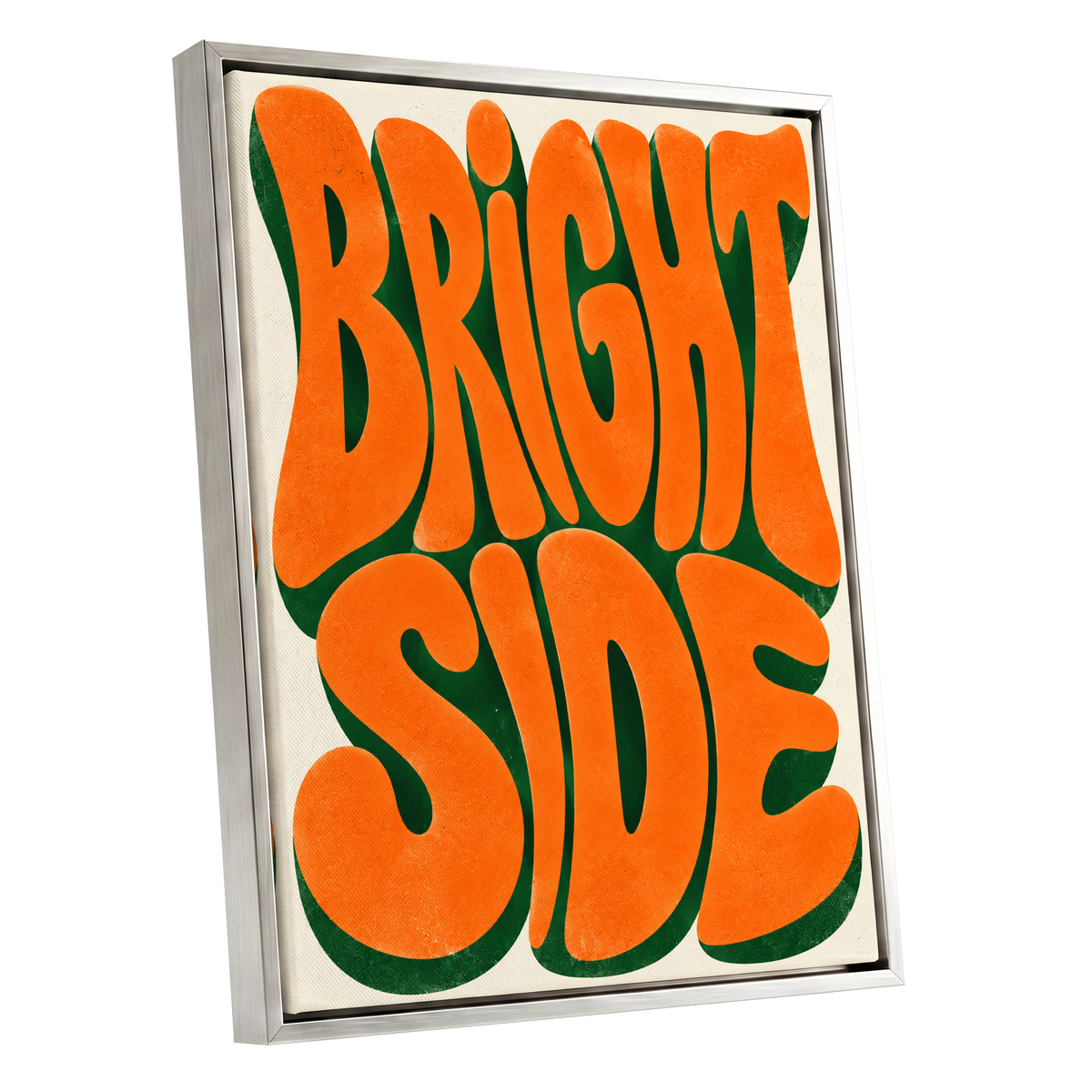 Bright Side Groove, orange, green, beige abstract wall art shown as a silver framed canvas wall art