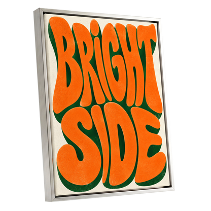 Bright Side Groove, orange, green, beige abstract wall art shown as a silver framed canvas wall art