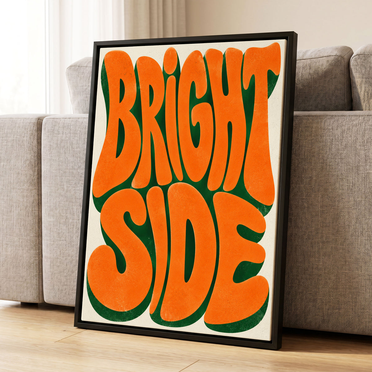 Bright Side Groove, orange, green, beige abstract wall art displayed in a styled interior, gallery view 1