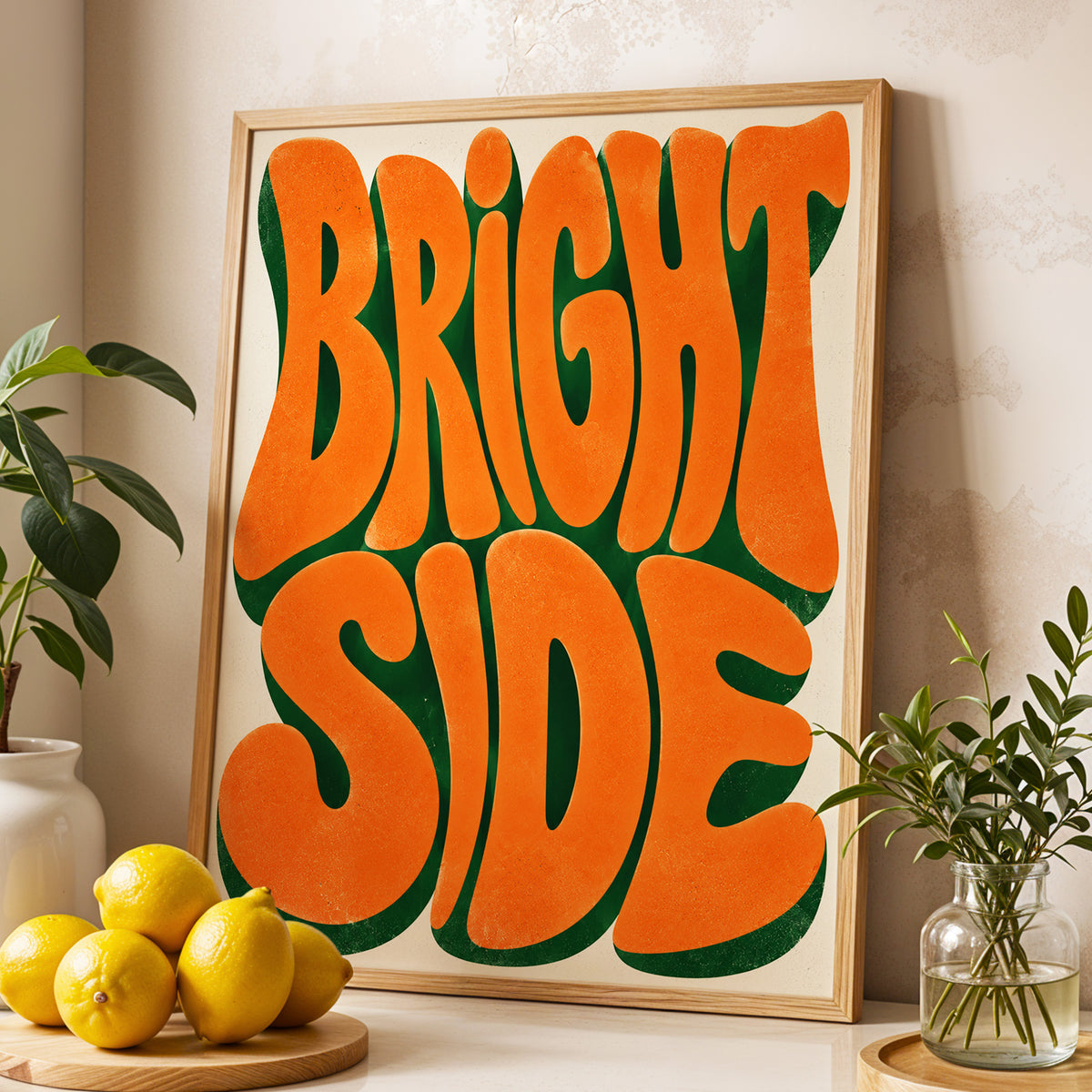 Bright Side Groove, orange, green, beige abstract wall art displayed in a styled interior, gallery view 3