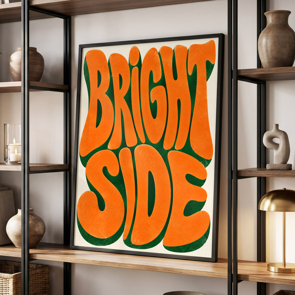 Bright Side Groove, orange, green, beige abstract wall art displayed in a styled interior, gallery view 4