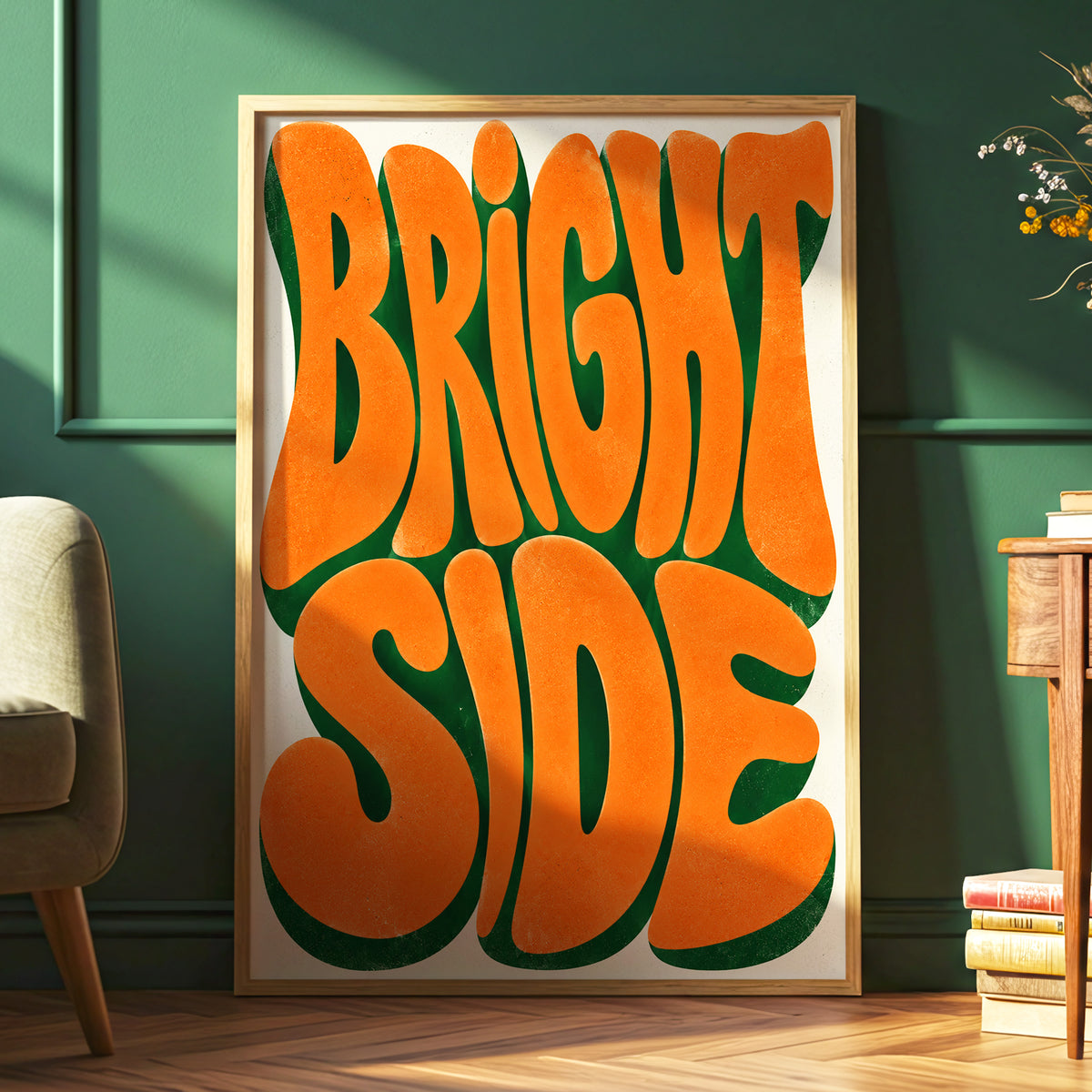 Bright Side Groove, orange, green, beige abstract wall art displayed in a styled interior, gallery view 6