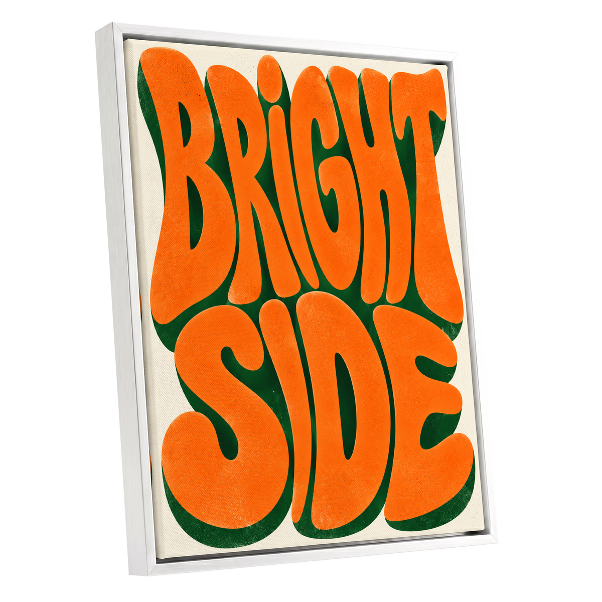 Bright Side Groove, orange, green, beige abstract wall art shown as a white framed canvas wall art