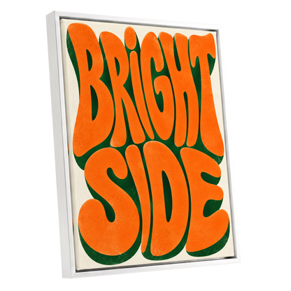 Bright Side Groove, orange, green, beige abstract wall art shown as a white framed canvas wall art