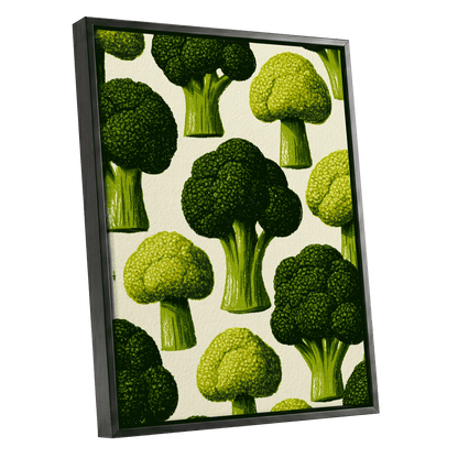 Broccoli Grove, green, beige, yellow nature wall art shown as a black framed canvas wall art