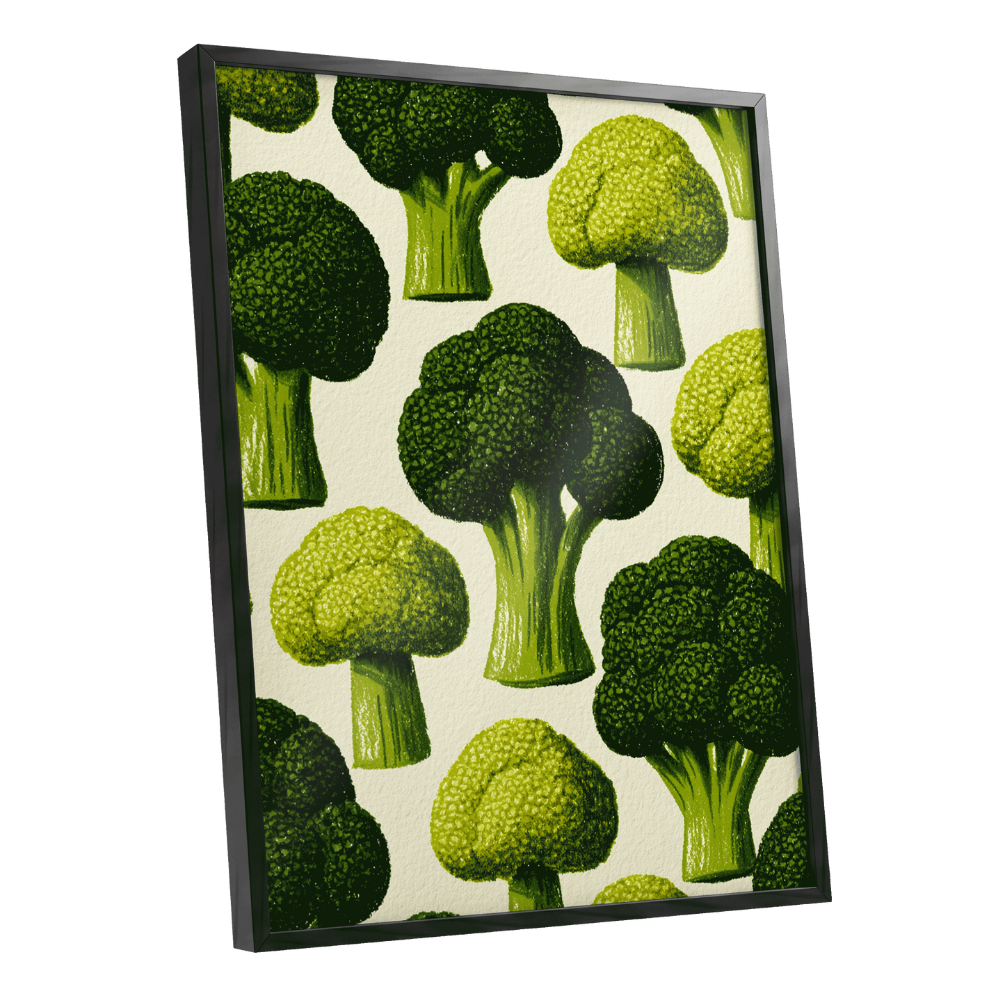 Broccoli Grove, green, beige, yellow nature wall art shown as a black framed poster wall art print