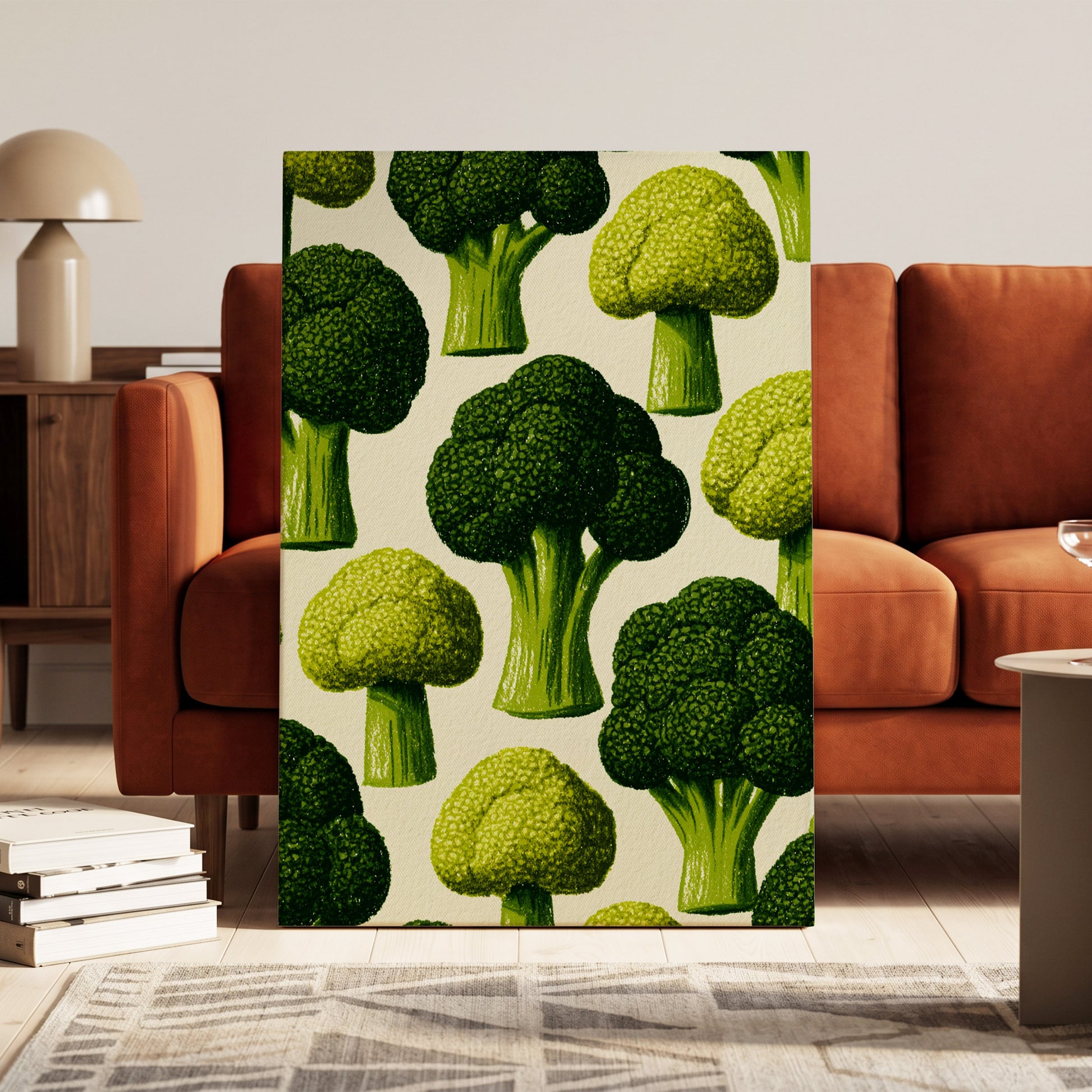 Broccoli Grove, green, beige, yellow nature wall art on canvas displayed in a styled interior, gallery view 1