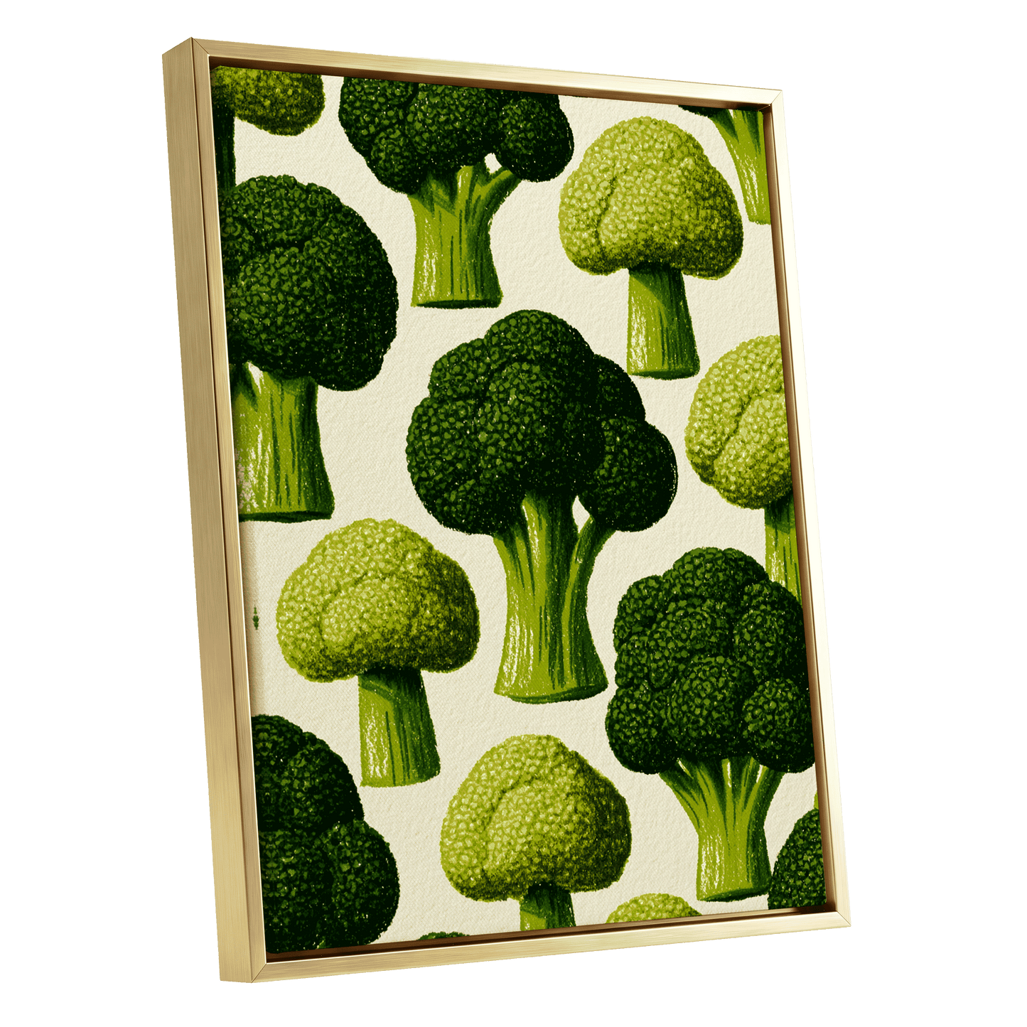 Broccoli Grove, green, beige, yellow nature wall art shown as a gold framed canvas wall art