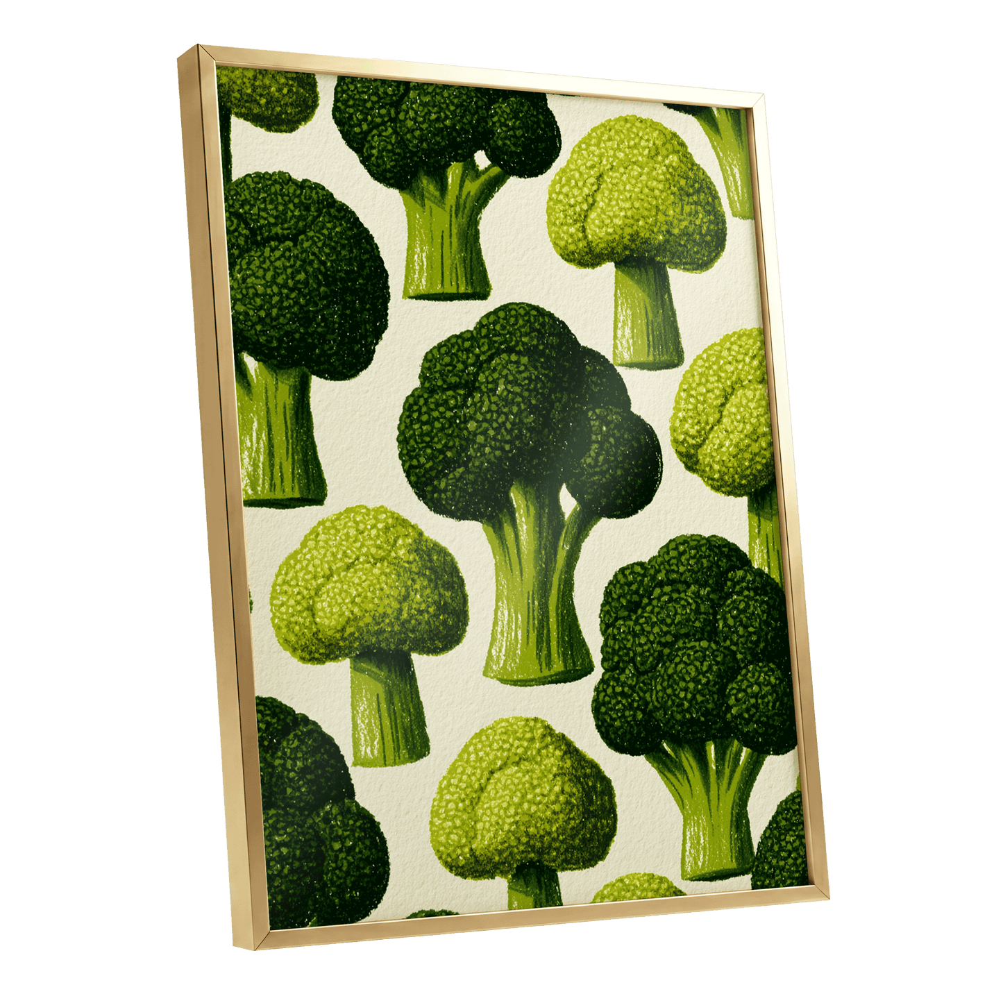 Broccoli Grove, green, beige, yellow nature wall art shown as a gold framed poster wall art print
