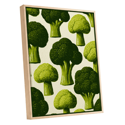 Broccoli Grove, green, beige, yellow nature wall art shown as a oak framed canvas wall art