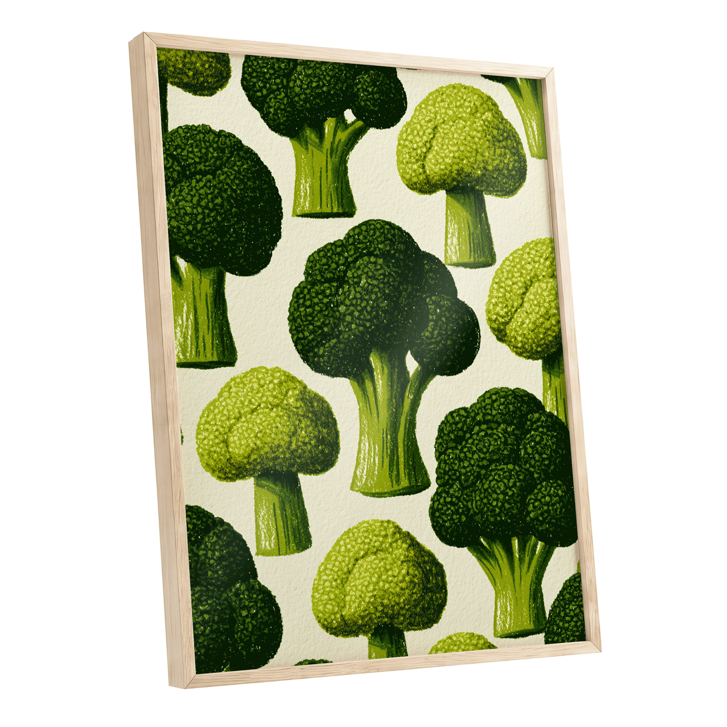 Broccoli Grove, green, beige, yellow nature wall art shown as a oak framed poster wall art print