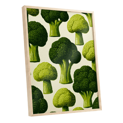 Broccoli Grove, green, beige, yellow nature wall art shown as a oak framed poster wall art print