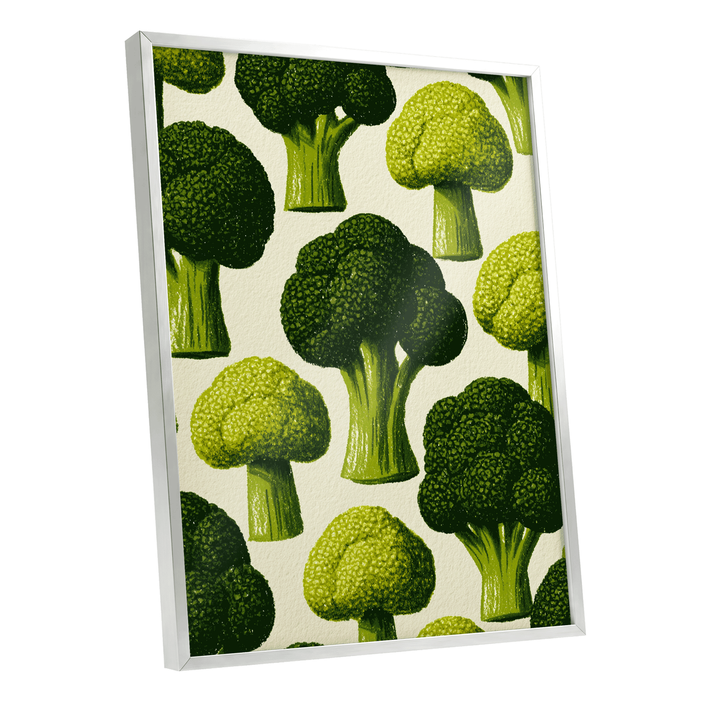 Broccoli Grove, green, beige, yellow nature wall art shown as a silver framed poster wall art print