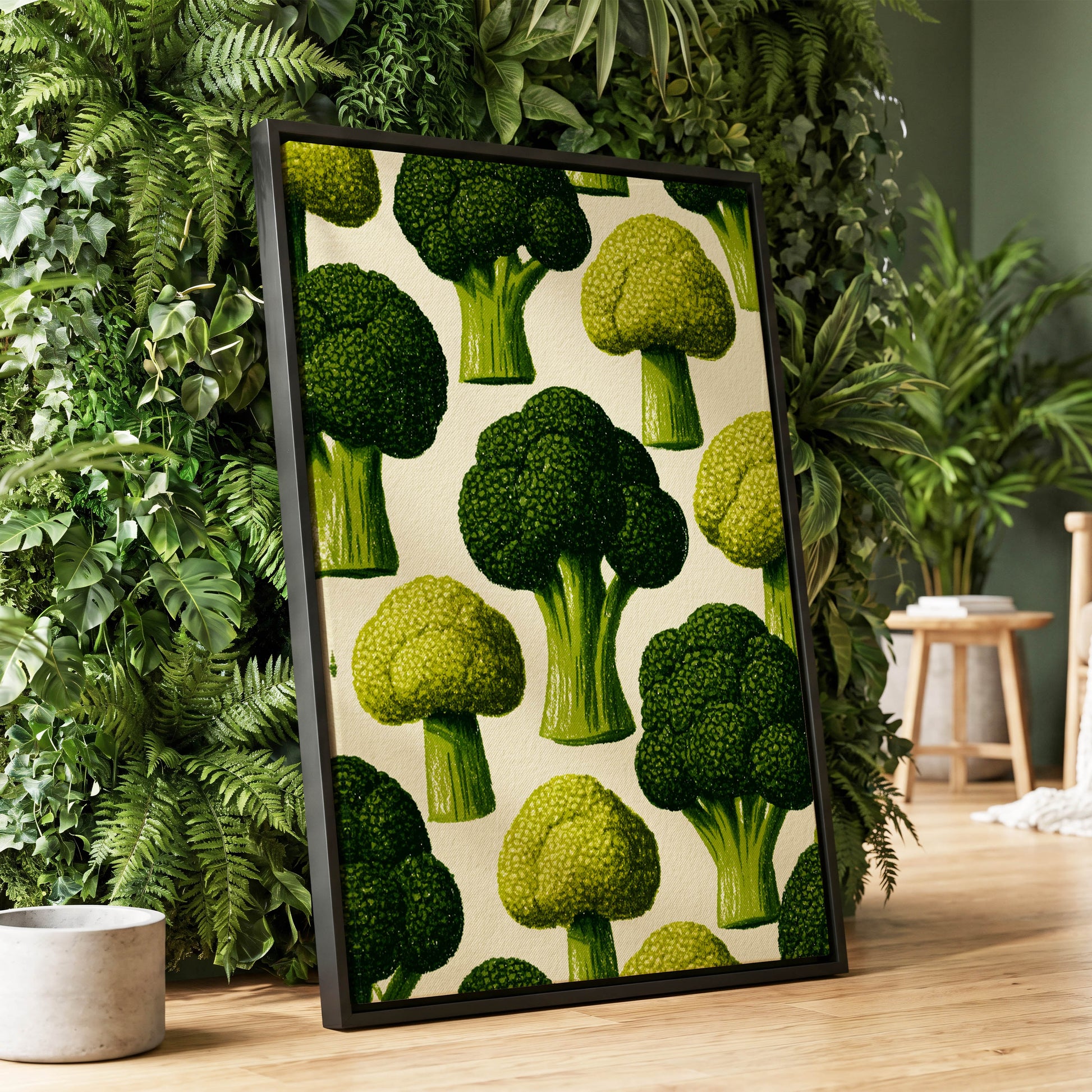 Broccoli Grove, green, beige, yellow nature wall art displayed in a styled interior, gallery view 1
