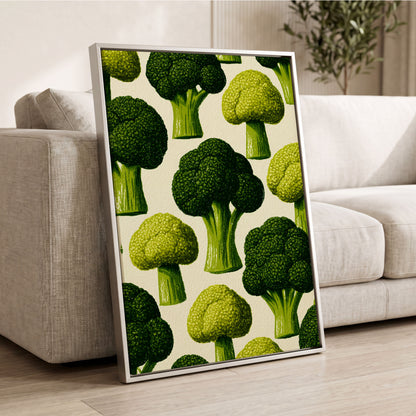 Broccoli Grove, green, beige, yellow nature wall art displayed in a styled interior, gallery view 2