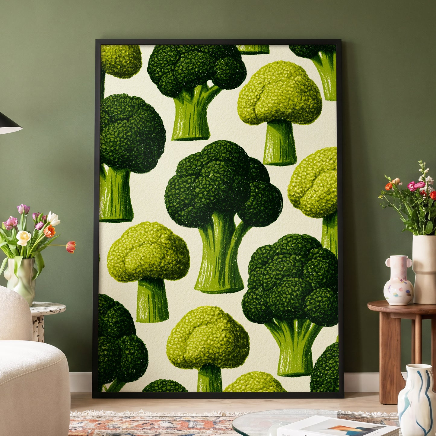 Broccoli Grove, green, beige, yellow nature wall art displayed in a styled interior, gallery view 4