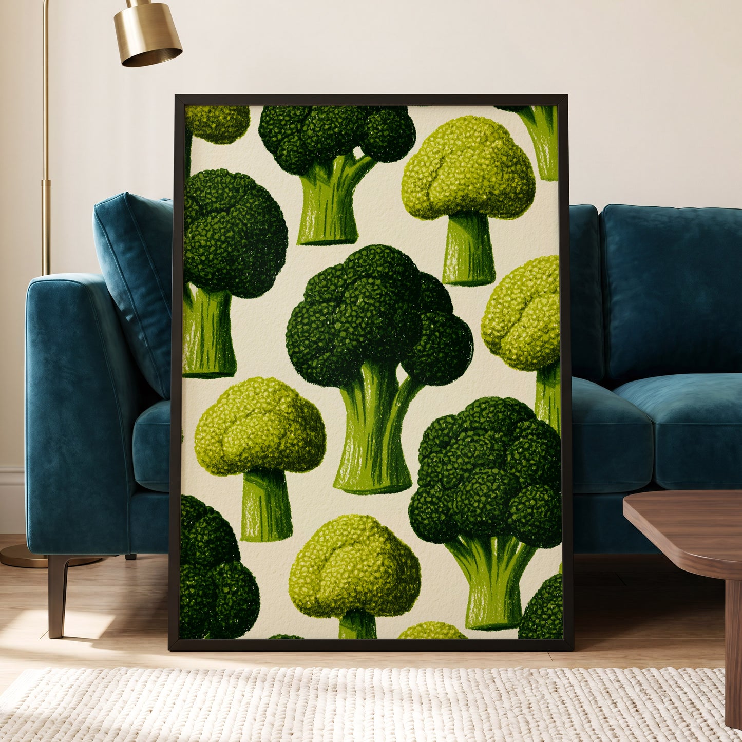 Broccoli Grove, green, beige, yellow nature wall art displayed in a styled interior, gallery view 5