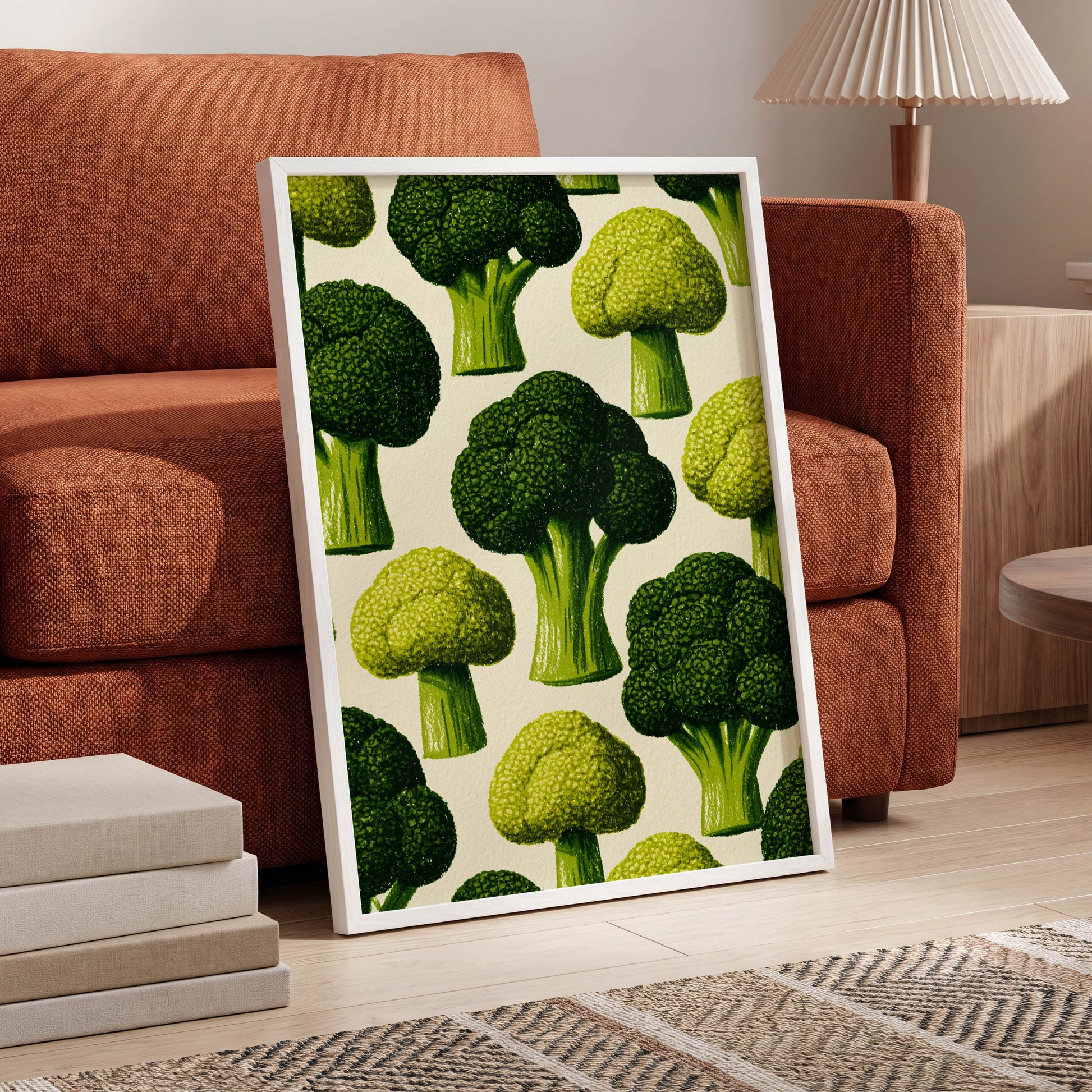 Broccoli Grove, green, beige, yellow nature wall art displayed in a styled interior, gallery view 6
