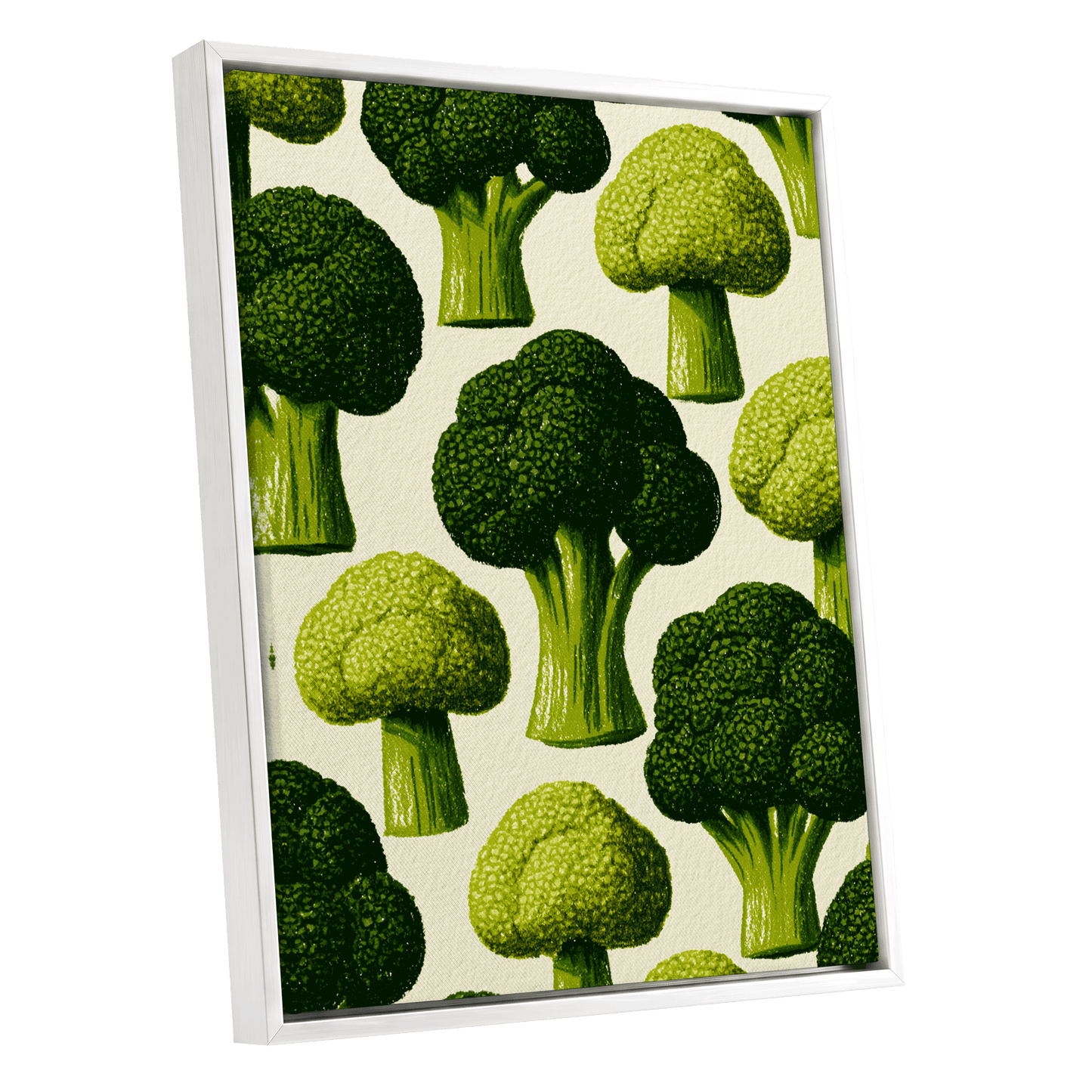 Broccoli Grove, green, beige, yellow nature wall art shown as a white framed canvas wall art