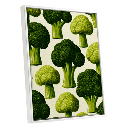 Broccoli Grove, green, beige, yellow nature wall art shown as a white framed canvas wall art
