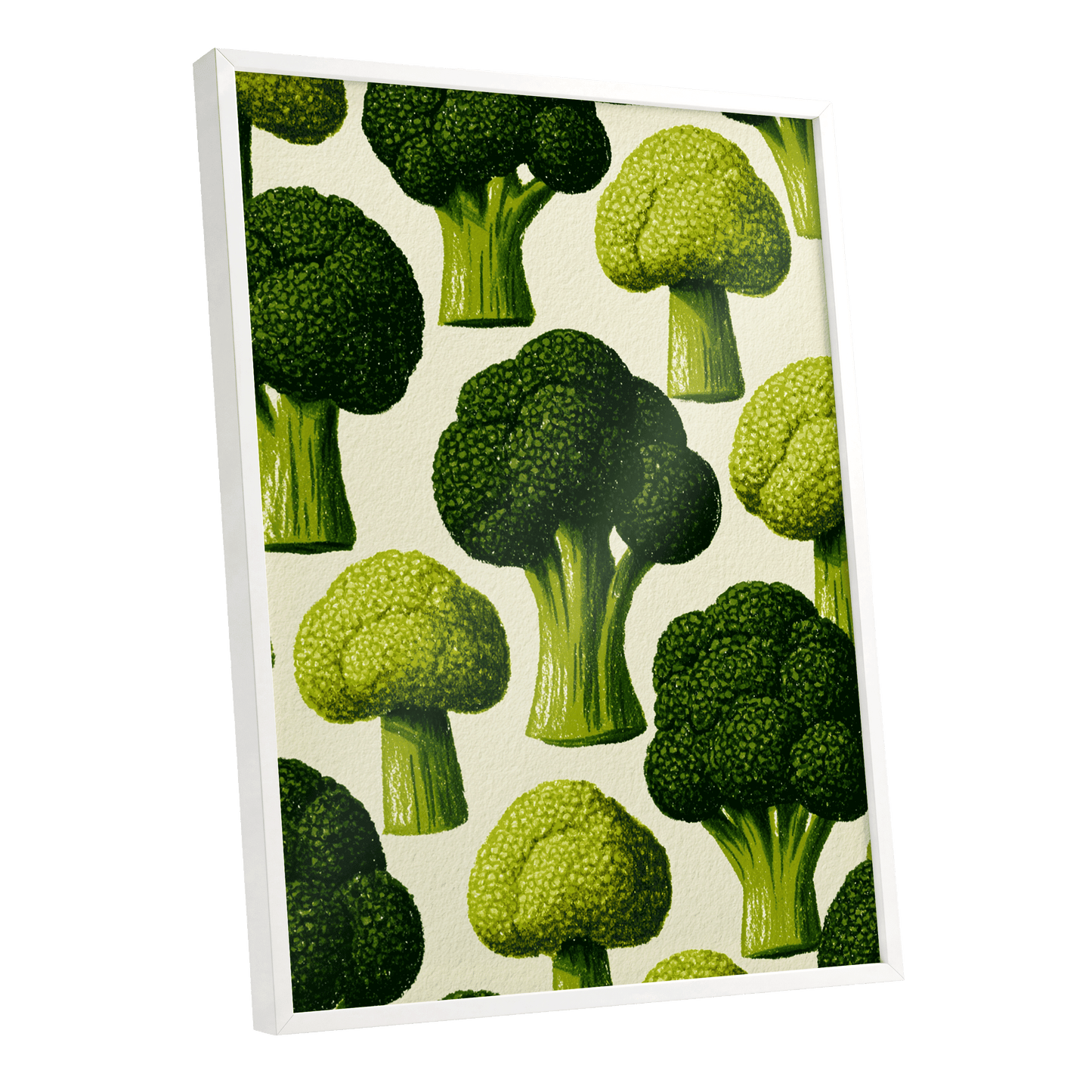 Broccoli Grove, green, beige, yellow nature wall art shown as a white framed poster wall art print