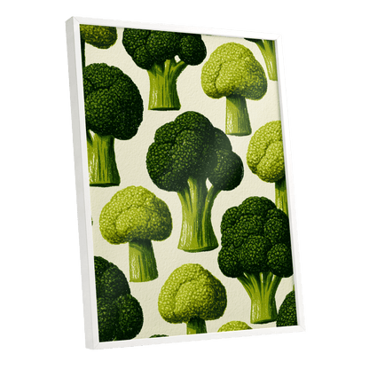 Broccoli Grove, green, beige, yellow nature wall art shown as a white framed poster wall art print