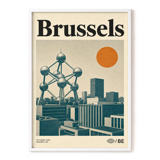 Brussels Atomic Horizon, beige, black, orange minimalist wall art, front artwork view